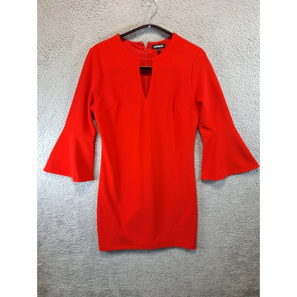 Express Mini Dress Women Small Red Stretch Bell Sleeve Keyhole Neckline Back Zip